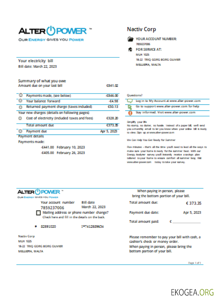 AlterPower Malte justificatif de domicile facture d'entreprise de services publics, SCR
